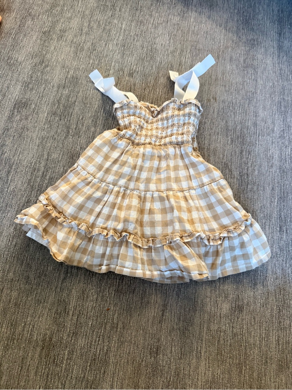 Janie andJack Girls Beige Gingham Tiered Sundress with Bow Straps